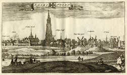 135360 Profiel van Amersfoort uit het zuidwesten met van links naar rechts de Koppelpoort, de Doelen, de St.-Joriskerk, ...